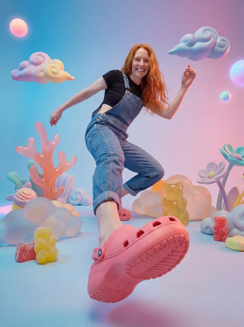 AgentC creative — model wearing pink Crocs